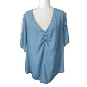 Women's 3X Peasant Blue Short Sleeve Blouse With Crochet Lace Cutout Sleeves